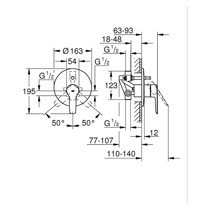 Grohe Start Grifería empotrada de ducha 2 vías - Cromo, Brillante - Dibujo técnico de un grifo de pared con especificaciones de dimensiones para la instalación y el diseño.