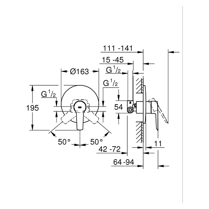 Grohe Start Grifería empotrada de ducha - Cromo, Brillante - Dibujo técnico del mezclador de lavabo de baño con dimensiones.