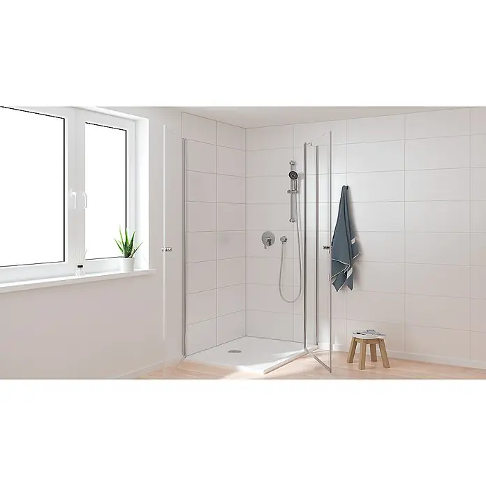 Grohe Start Grifería empotrada de ducha - Cromo, Brillante - Elegante cabina de ducha con accesorios modernos y toallero en un baño luminoso.