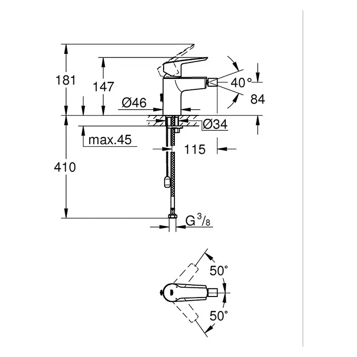 Grohe Start Grifo monomando de bidé - Cromo, Brillante - Dibujo esquemático de un grifo con dimensiones de altura (181/410), anchura (147/84/115) y diámetro (Ø46/Ø34) y especificaciones de ángulo (40°/50°).