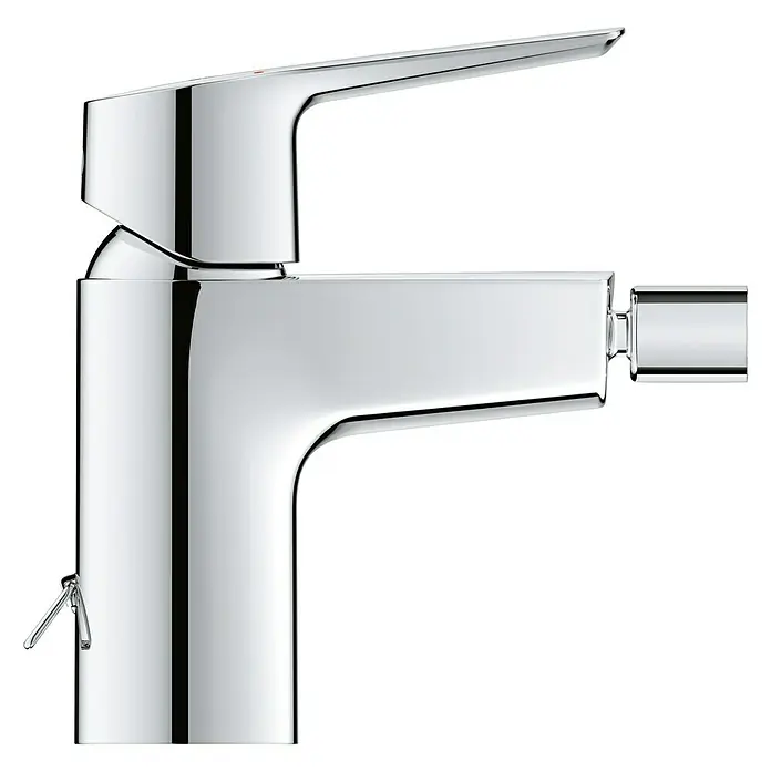 Grohe Start Grifo monomando de bidé - Cromo, Brillante - Primer plano de un grifo de lavabo cromado brillante con un diseño moderno y una palanca lateral para el control.