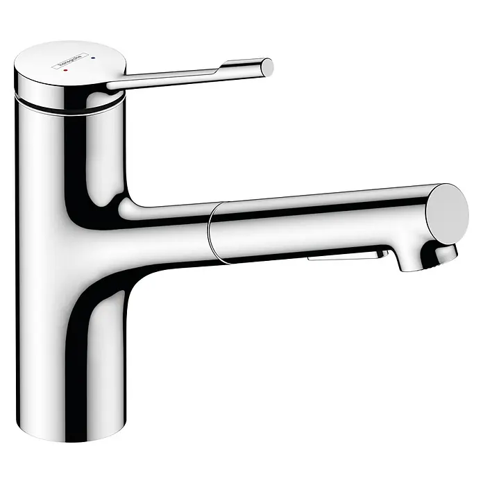 Hansgrohe Grifo de cocina Zesis - Cromo, Brillante, Extensible - Un brillante grifo cromado de Hansgrohe con una palanca y un diseño cilíndrico moderno para una estética de baño elegante.