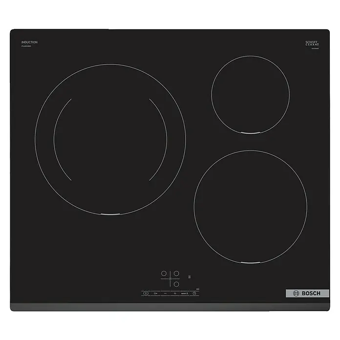 Bosch Placa de cocción PUJ631BB5E - Número de fogones de inducción: 3 ud. - Placa de inducción negra Bosch con tres zonas de cocción y panel de control táctil para cocinar con precisión.