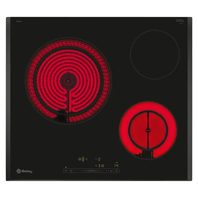 Balay Placa de cocción vitrocerámica 3EB765LQ - Número de fogones estándar: 3 ud. - Placa de inducción Balay negra con dos zonas de cocción rojas y una zona apagada.
