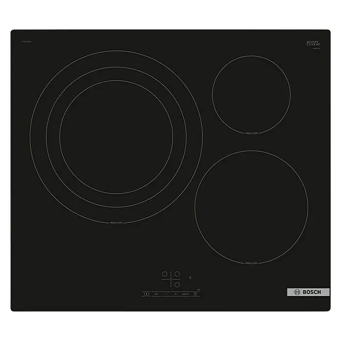 Bosch Placa de cocción PID61RBB5E - Vidrio, Número de fogones de inducción: 3 ud. - Placa de inducción negra Bosch con tres zonas de cocción y panel de control. Diseño moderno para la cocina.