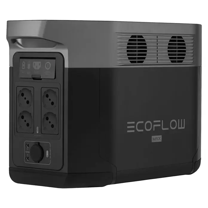 EcoFlow Estación de energía portátil Delta Max - 2.016 Wh, Negro - La imagen muestra una estación de energía EcoFlow Max, un dispositivo de alimentación portátil con enchufes y varios puertos.