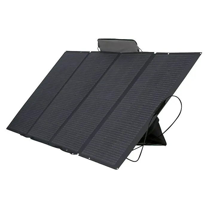 EcoFlow Panel solar Plegable - Potencia máx.: 400 W, L x An x Al: 236,5 x 105,8 x 2,5 cm - La imagen muestra un panel solar portátil y plegable con múltiples secciones, instalado sobre un soporte.