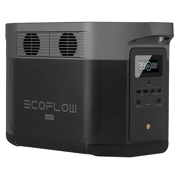 EcoFlow Estación de energía portátil Delta Max - 2.016 Wh, Negro - Aquí hay una imagen del EcoFlow MAX, una estación de energía portátil. Cuenta con una pantalla digital y múltiples puertos.