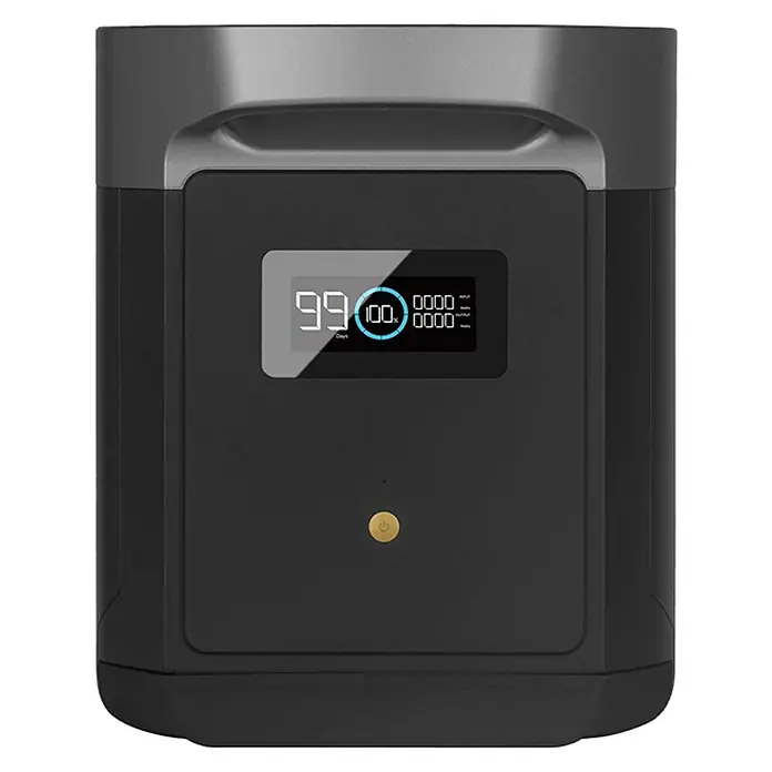 EcoFlow Batería extra Delta Max - 50,4 V, 40 Ah, Iones de litio - Estación de energía portátil con pantalla. Ideal para camping y emergencias, mostrando carga y datos de rendimiento.