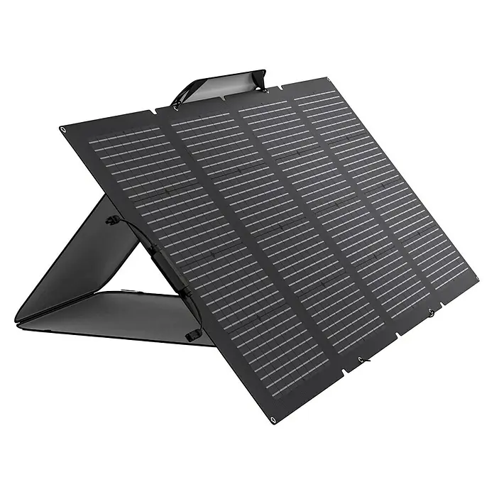 EcoFlow Panel solar Plegable - Potencia máx.: 220 W, L x An x Al: 183 x 82 x 2,5 cm - La imagen muestra un panel solar portátil y plegable apoyado sobre un soporte. Perfecto para actividades al aire libre y soluciones de energía.