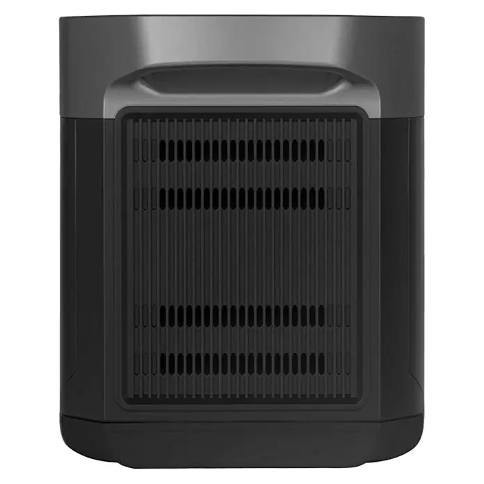 EcoFlow Batería extra Delta Max - 50,4 V, 40 Ah, Iones de litio - Primer plano de una estación de energía portátil EcoFlow, con ranuras de ventilación y un diseño resistente para uso en exteriores.