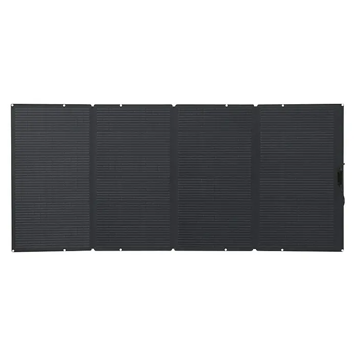 EcoFlow Panel solar Plegable - Potencia máx.: 400 W, L x An x Al: 236,5 x 105,8 x 2,5 cm - Esta imagen muestra un panel solar rectangular plegable de color oscuro con líneas horizontales y un marco sobre un fondo negro.