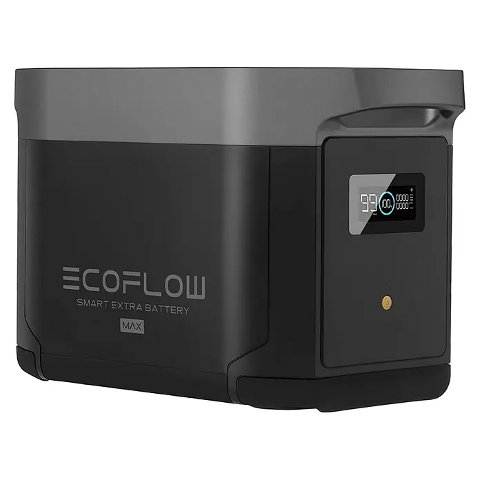 EcoFlow Batería extra Delta Max - 50,4 V, 40 Ah, Iones de litio - EcoFlow Smart Extra Battery Max en carcasa negra con pantalla que muestra el nivel de carga.\n