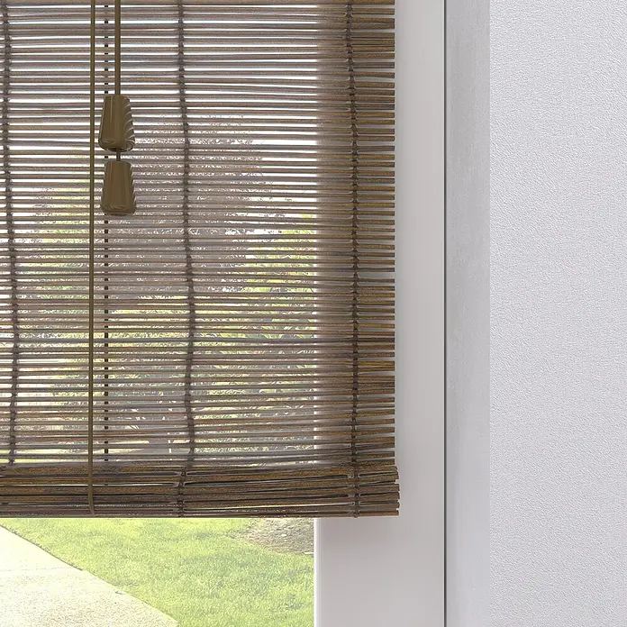 Rollo Basic - B x H: 80 x 160 cm, Braun, Uni - Braunfarbene Jalousien mit Zugschnur bedecken ein Fenster und bieten Privatsphäre und Lichtsteuerung in einem modernen Raum.