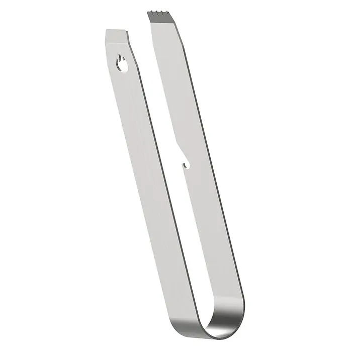 Knister Grillzange - Länge: 22 cm - Nahaufnahme einer silbernen Reifenheber-Zange. Ein Werkzeug für die Reifenreparatur, das aus zwei gebogenen Metallstücken besteht.