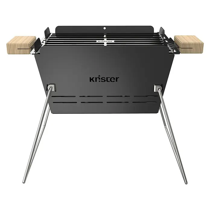 Knister Holzkohlegrill - Grillfläche (B x T): 28 x 20 cm, Schwarz - Abbildung eines tragbaren Holzkohlegrills von Krister mit Holzgriffen und klappbaren Beinen.