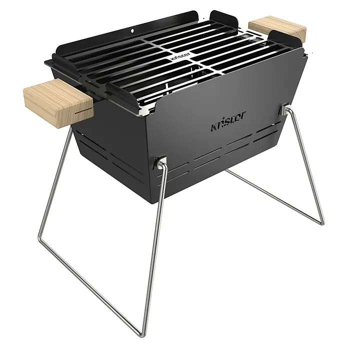 Knister Holzkohlegrill - Grillfläche (B x T): 28 x 20 cm, Schwarz - Schwarzer Holzkohlegrill mit Holzgriffen und Metallbeinen für den Außenbereich. Ideal für Grillabende.
