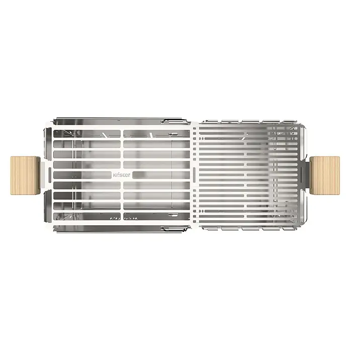 Knister Holzkohlegrill Premium - Grillfläche (B x T): 52 x 22 cm, Silbergrau - Ein detailliertes Bild eines Krister Grills mit Holzgriffen. Seine Stahlstruktur und sein elegantes Design machen ihn zur perfekten Ergänzung für Ihre Grillbedürfnisse.