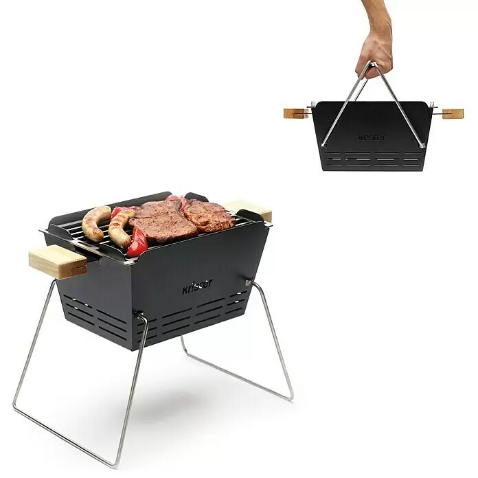 Knister Holzkohlegrill - Grillfläche (B x T): 28 x 20 cm, Schwarz - Schwarzer tragbarer Holzkohlegrill mit Holzgriffen und Metallbeinen, beim Grillen von Speisen und beim Tragen gezeigt.