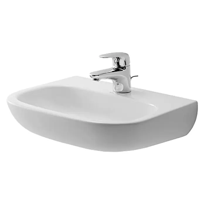 Duravit D-Code Waschbecken Med - 45 x 34 cm, Ohne Spezialglasur, Hahnloch: Mitte, Ohne Überlauf, Weiß - Ein modernes weißes Waschbecken mit einem glänzenden Chromhahn. Das Waschbecken hat eine sanfte, abgerundete Form.