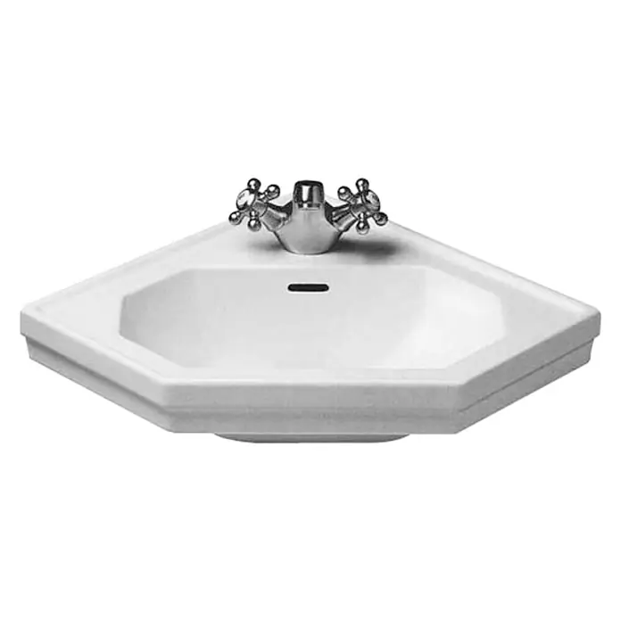 Duravit 1930 Eckwaschbecken - 59,5 x 45 cm, Ohne Spezialglasur, Hahnloch: Mitte, Mit Überlauf, Weiß - Eckwaschbecken aus Keramik mit Chromarmatur. Elegantes Design für Badezimmer und Gäste-WC, ideal für platzsparende Lösungen.