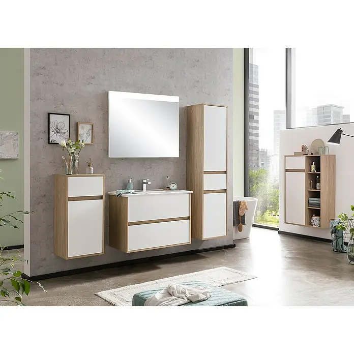 Schildmeyer Mali Badmöbel-Set - 85 cm, Eiche hell/Weiß, Matt - Modernes Badezimmer-Set mit Holz- und Weißtönen, bestehend aus Waschtisch, Spiegelschrank und Hochschrank. Elegantes Design für stilvolle Bäder.