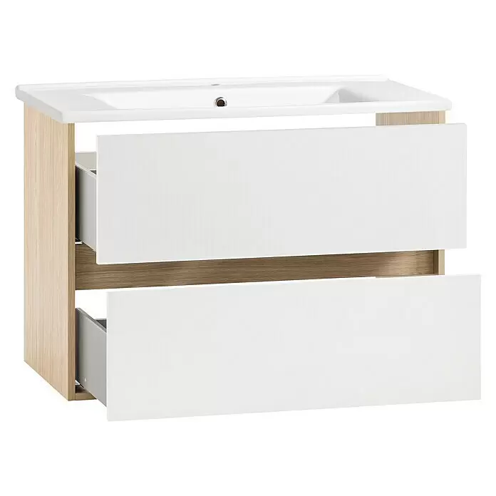 Schildmeyer Mali Badmöbel-Set - 85 cm, Eiche hell/Weiß, Matt - Diagonale Ansicht