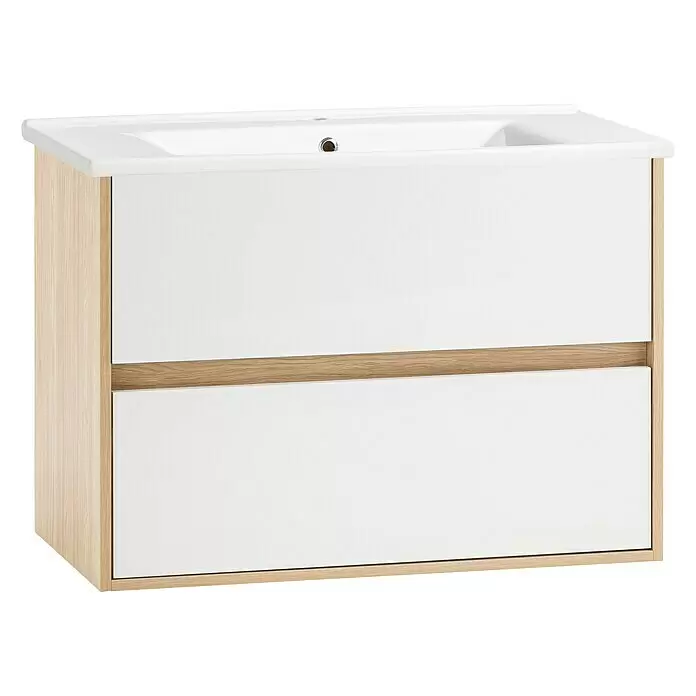 Schildmeyer Mali Badmöbel-Set - 85 cm, Eiche hell/Weiß, Matt - Diagonale Ansicht
