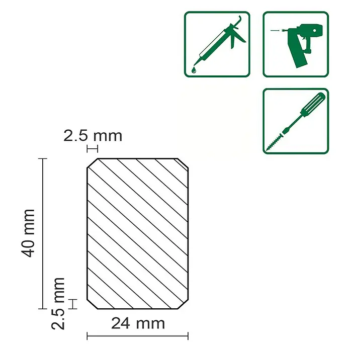 Rahmenholz WoodPro -  - Abbildung eines rechteckigen Holzprofils mit abgerundeten Ecken und den Maßen 24 x 40 mm sowie Hinweisen zur Montage.