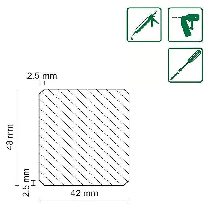Rahmenholz WoodPro -  - Abbildung eines Holzprofils mit den Maßen 48 x 42 mm und abgerundeten Ecken, geeignet für Konstruktionen mit Silikon, Nagelpistole oder Schrauben.