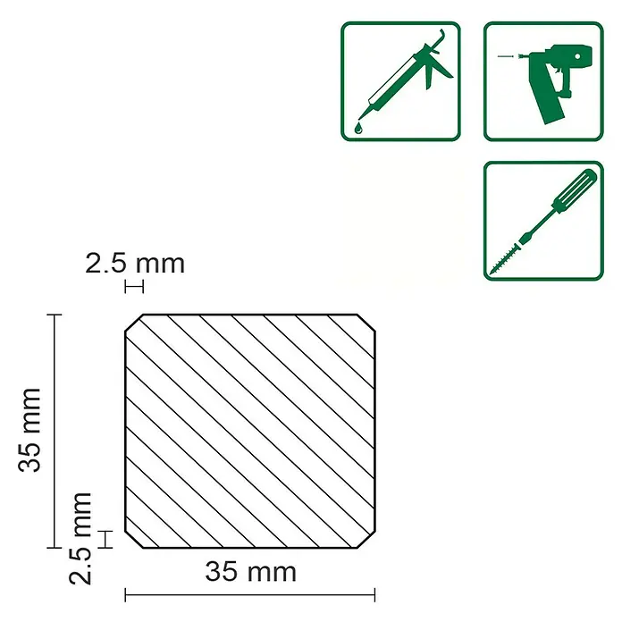 Rahmenholz WoodPro -  - Produktdiagramm eines quadratischen Holzprofils mit abgerundeten Kanten, Maße 35 x 35 mm, ideal für Bau- und Heimwerkerprojekte.