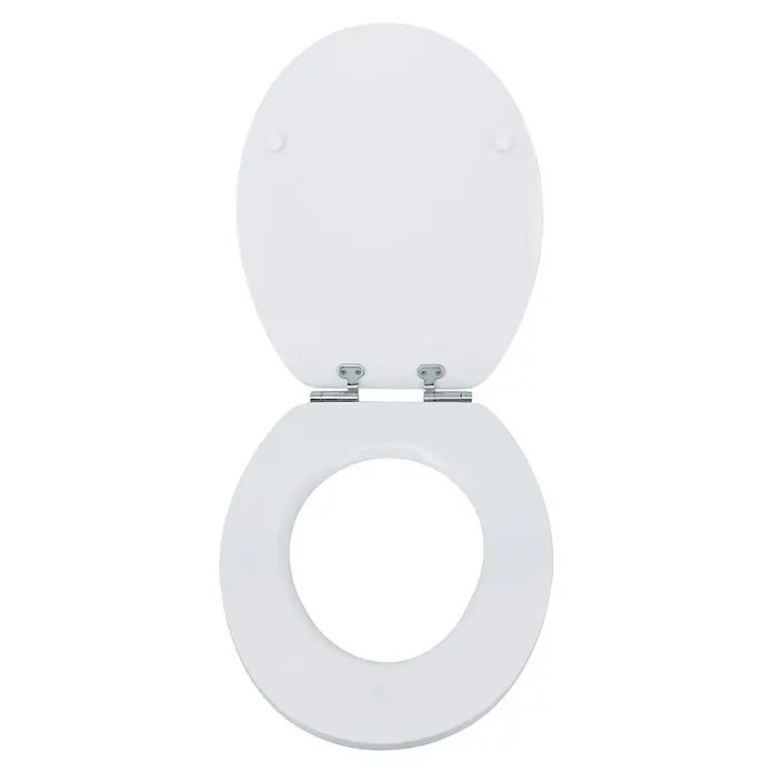 Poseidon Tapa de WC Seramiko - MDF, Blanco, Con caída amortiguada - Asiento de inodoro de plástico blanco con tapa. El asiento está levantado, revelando la abertura.