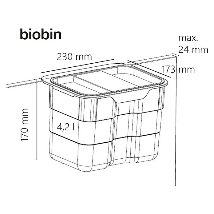 essensa Einbaumülleimer Biobin Aufbewahrungsbox - 4,2 l, Kunststoff, Hellgrau - Abbildung eines Biobin-Abfallbehälters mit Maßangaben zu seiner Größe und Kapazität. Ideal für Küchenabfälle und Kompostierung.