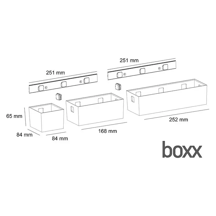essensa Aufbewahrungsbox-Set Boxx - Kunststoff, Graphit/Transluzent - Produktdiagramm mit Maßen für Boxx-Aufbewahrungsbehälter und Regalsysteme in verschiedenen Größen, dargestellt in einer technischen Zeichnung.