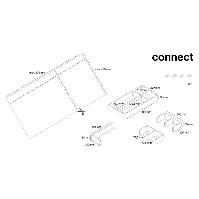 essensa Schubladeneinsatz-Set Connect - Kunststoff, Dunkelgrau - Eine Bauanleitung für ein "connect"-Produkt, das das Zuschneiden von Materialien und den Zusammenbau von verschiedenen Bauteilen zeigt.