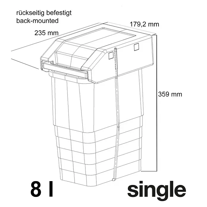 essensa Standard-Mülleimer Single - 8 l, Kunststoff, Weiß - Abbildung eines 8-Liter-Abfallbehälters zur Rückwandmontage mit den Maßen 235 mm x 179,2 mm x 359 mm.