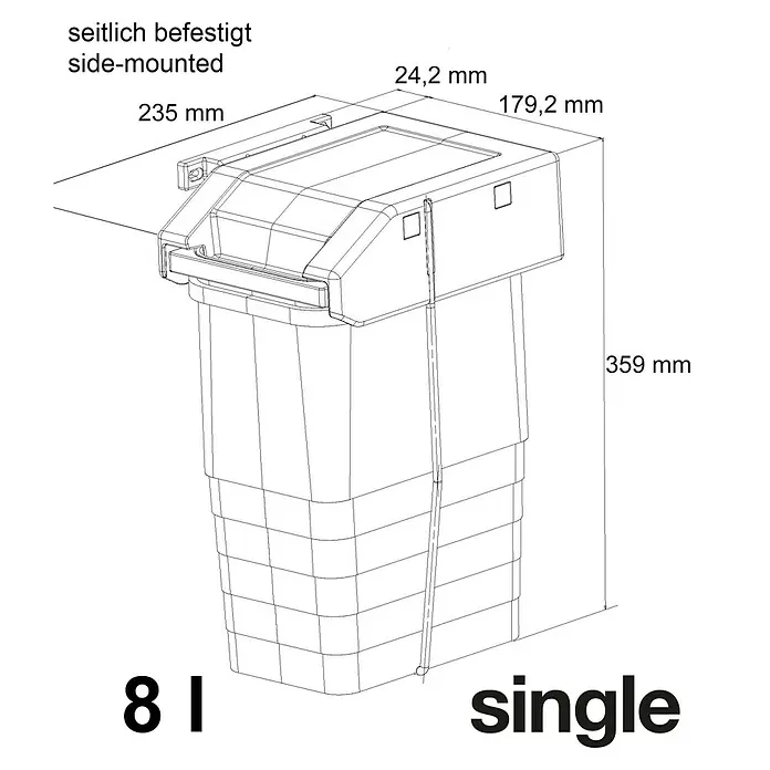 essensa Standard-Mülleimer Single - 8 l, Kunststoff, Weiß - Abbildung eines seitlich montierten 8-Liter-Abfallbehälters "Single" mit Maßangaben.