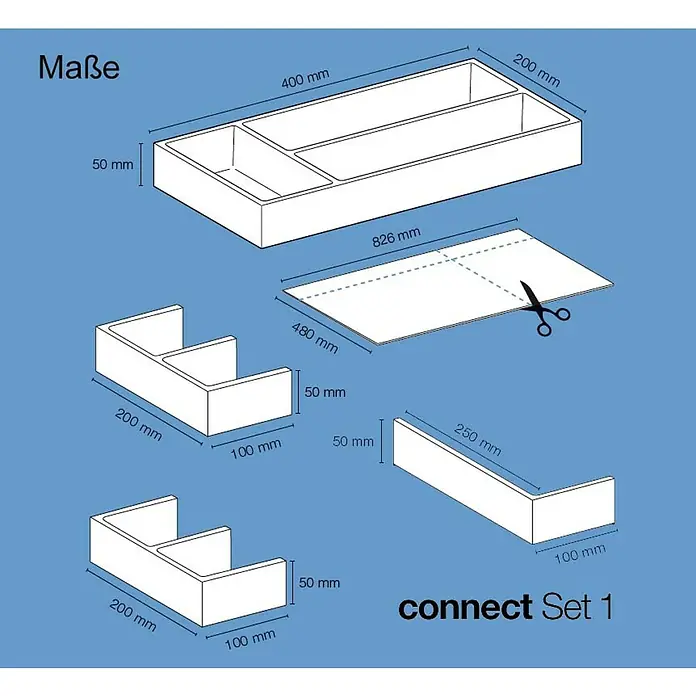 essensa Schubladeneinsatz-Set Connect - Kunststoff, Dunkelgrau - Darstellung des "Connect Set 1" mit Maßangaben, inklusive Schubladenelementen und einer zurechtzuschneidenden Matte.