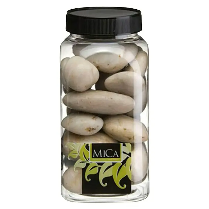 Piedras decorativas - Beige, Tamaño de grano: Ø 20 - 40 mm, 1 kg - Un tarro transparente lleno de piedras blancas pulidas, con una tapa negra y la etiqueta Mica. Perfecto para decoraciones y proyectos artesanales.