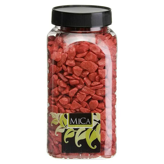 Piedras decorativas - Rojo, Tamaño de grano: Ø 9 - 13 mm, 1 kg - Primer plano de un tarro transparente lleno de piedras decorativas rojas y una tapa negra, ideal para decoraciones florales Mica.