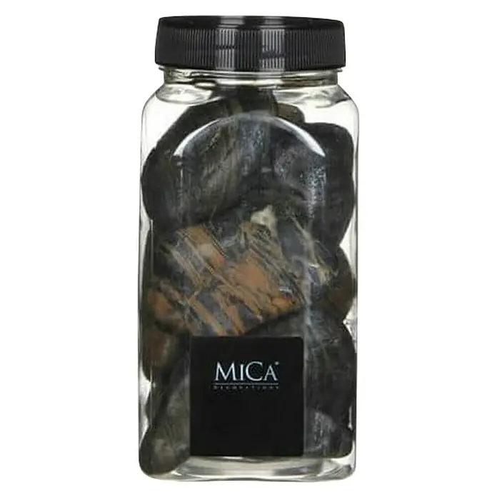 Piedras decorativas - Marrón, Tamaño de grano: Ø 20 - 40 mm, 1 kg - Piedras negras decorativas en un recipiente de vidrio con tapa negra. Perfecto para una decoración interior elegante.