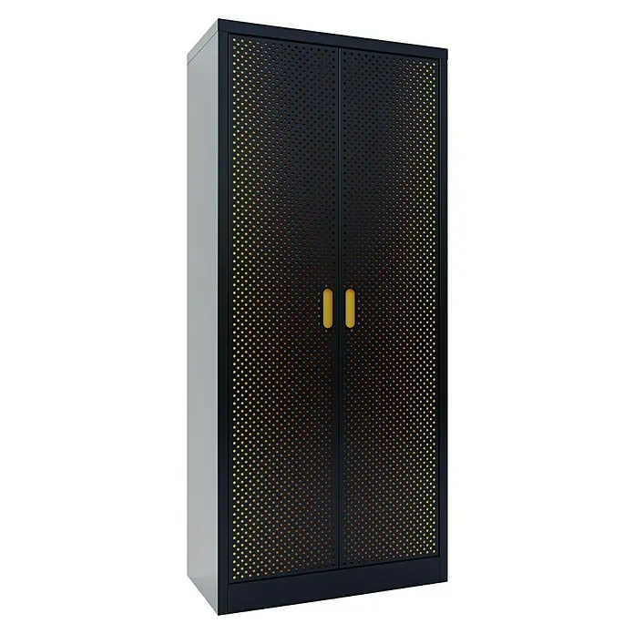 Fleysen Metall-Mehrzweckschrank - L x B x H: 40 x 80 x 180 mm, Schwarz/Orange, Anzahl Türen: 2 Stk. - Schrank mit gelochten Türen und gelben Griffen. Der moderne Schrank ist schwarz umrandet und bietet viel Stauraum.