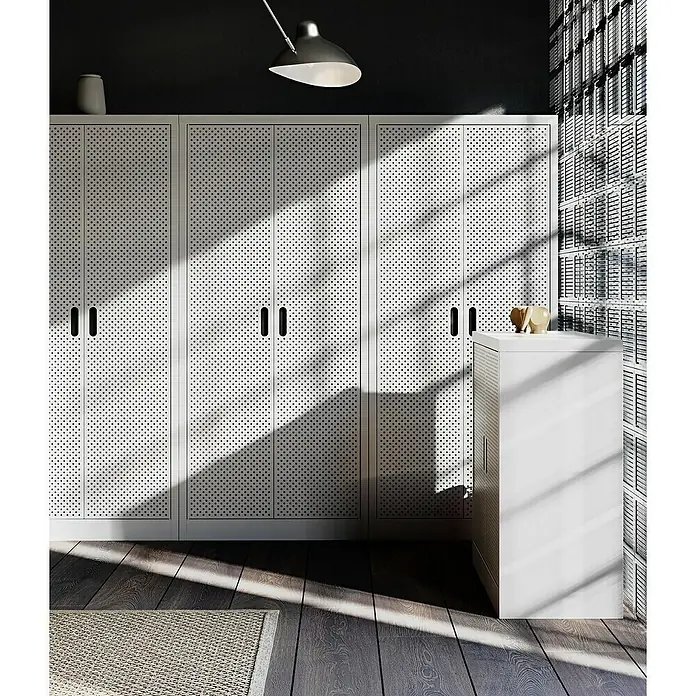 Fleysen Metall-Mehrzweckschrank - L x B x H: 40 x 80 x 180 mm, Grau/Schwarz, Anzahl Türen: 2 Stk. - Stylischer, weißer, perforierter Schrank mit eleganten Griffen, der jedem Raum einen modernen Touch verleiht. Ideal für Ordnungsliebhaber.