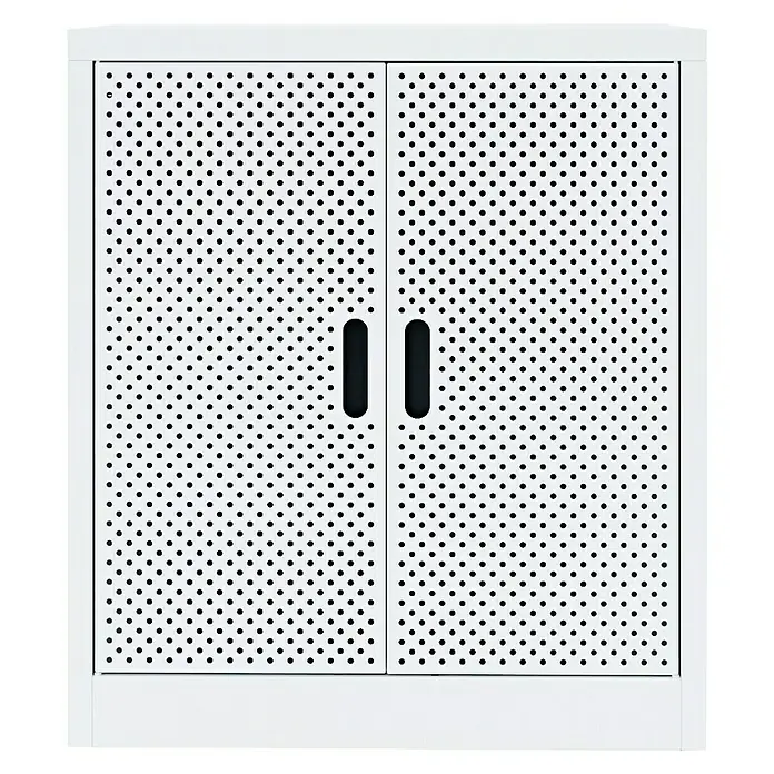 Metall-Mehrzweckschrank Fleysen - L x B x H: 40 x 80 x 90 cm, Grau/Schwarz, Anzahl Türen: 2 Stk. - Ein weißer Schrank mit perforierten Türen und schlichten, dunklen Griffen. Ideal zur Aufbewahrung und Organisation im modernen Wohnbereich.