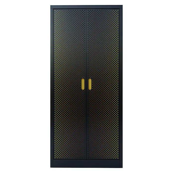 Fleysen Metall-Mehrzweckschrank - L x B x H: 40 x 80 x 180 mm, Schwarz/Orange, Anzahl Türen: 2 Stk. - Abbildung eines schwarzen Metallschranks mit gelben Griffen und einem perforierten Muster.