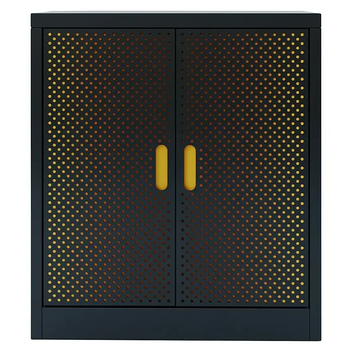 Metall-Mehrzweckschrank Fleysen - L x B x H: 40 x 80 x 90 cm, Schwarz/Orange, Anzahl Türen: 2 Stk. - Ein schwarzer Schrank mit zwei Türen, die mit einem Punktmuster in Orange und Gelb verziert sind und gelbe Griffe hat.