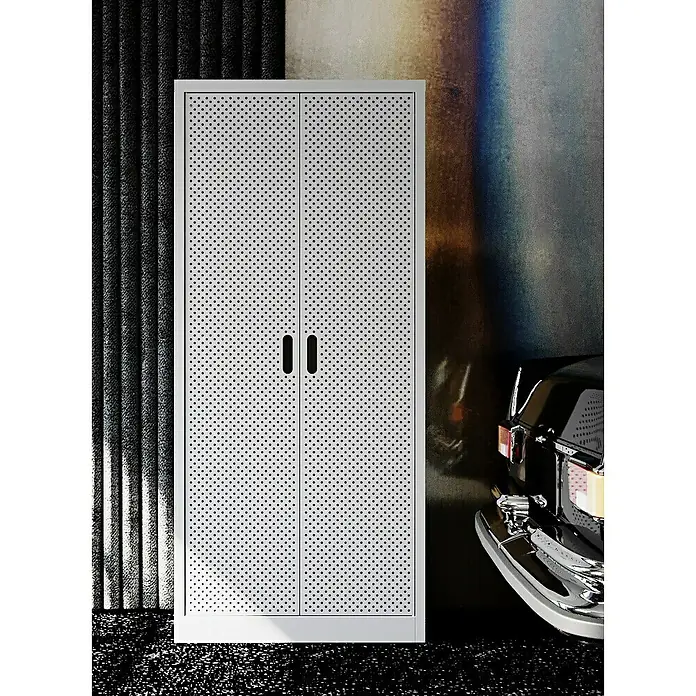 Fleysen Metall-Mehrzweckschrank - L x B x H: 40 x 80 x 180 mm, Grau/Schwarz, Anzahl Türen: 2 Stk. - Metallschrank mit perforierter Tür in Weiß, ideal für Garage oder Werkstatt, bietet geordnete Aufbewahrung.
