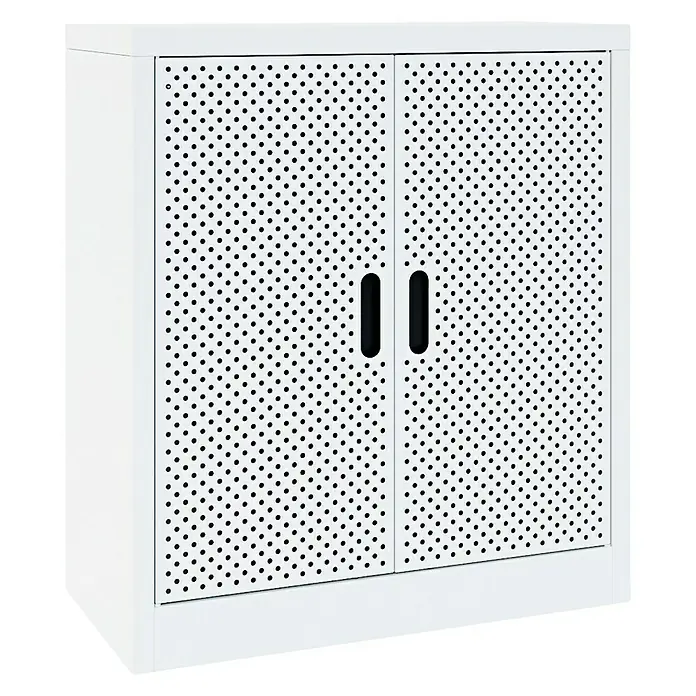 Metall-Mehrzweckschrank Fleysen - L x B x H: 40 x 80 x 90 cm, Grau/Schwarz, Anzahl Türen: 2 Stk. - Ein weißer Schrank mit perforierten Türen und schwarzen Griffen bietet stilvollen Stauraum.