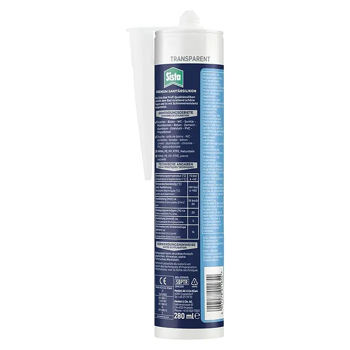 Sista Sanitär-Silikon Profi-Qualität - Transparent, 280 ml - Tube Sista Sanitärsilikon Transparent: Hochwertiges Silikon für Bad und Sanitär, schimmelresistent und vielseitig einsetzbar.