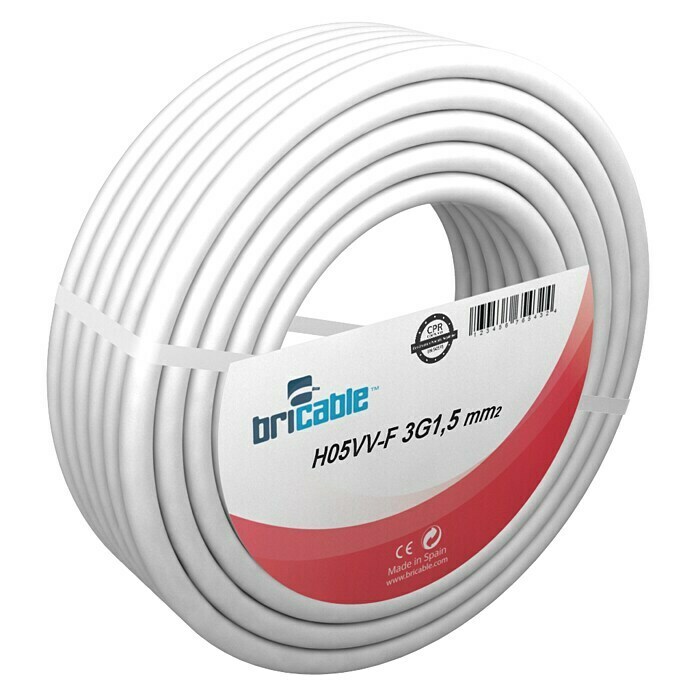 Bricable Cable eléctrico H05VV-F3G1,5 (H05VV-F3G1,5, 50 m, Blanco)